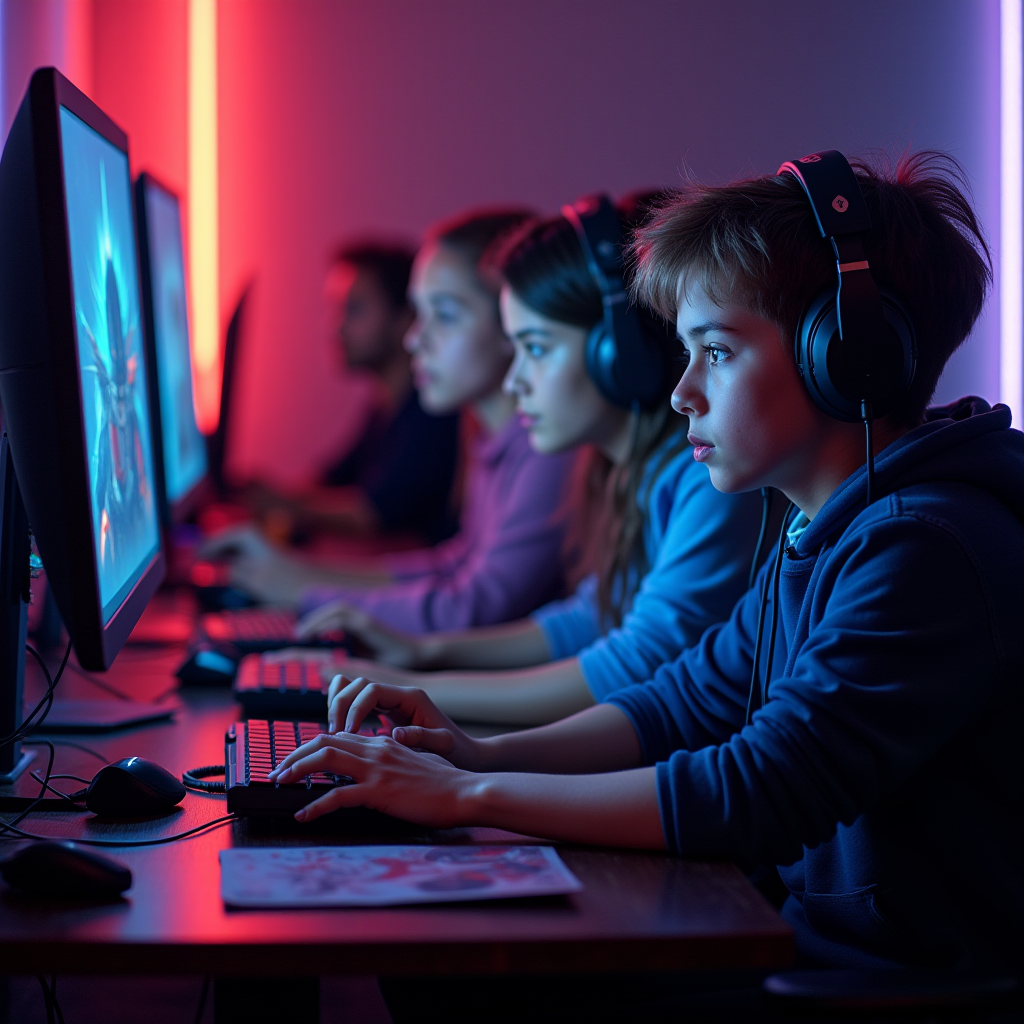 Diverse gaming community members collaborating on creative projects, sharing fan art and mods in a vibrant digital workspace with neon accents