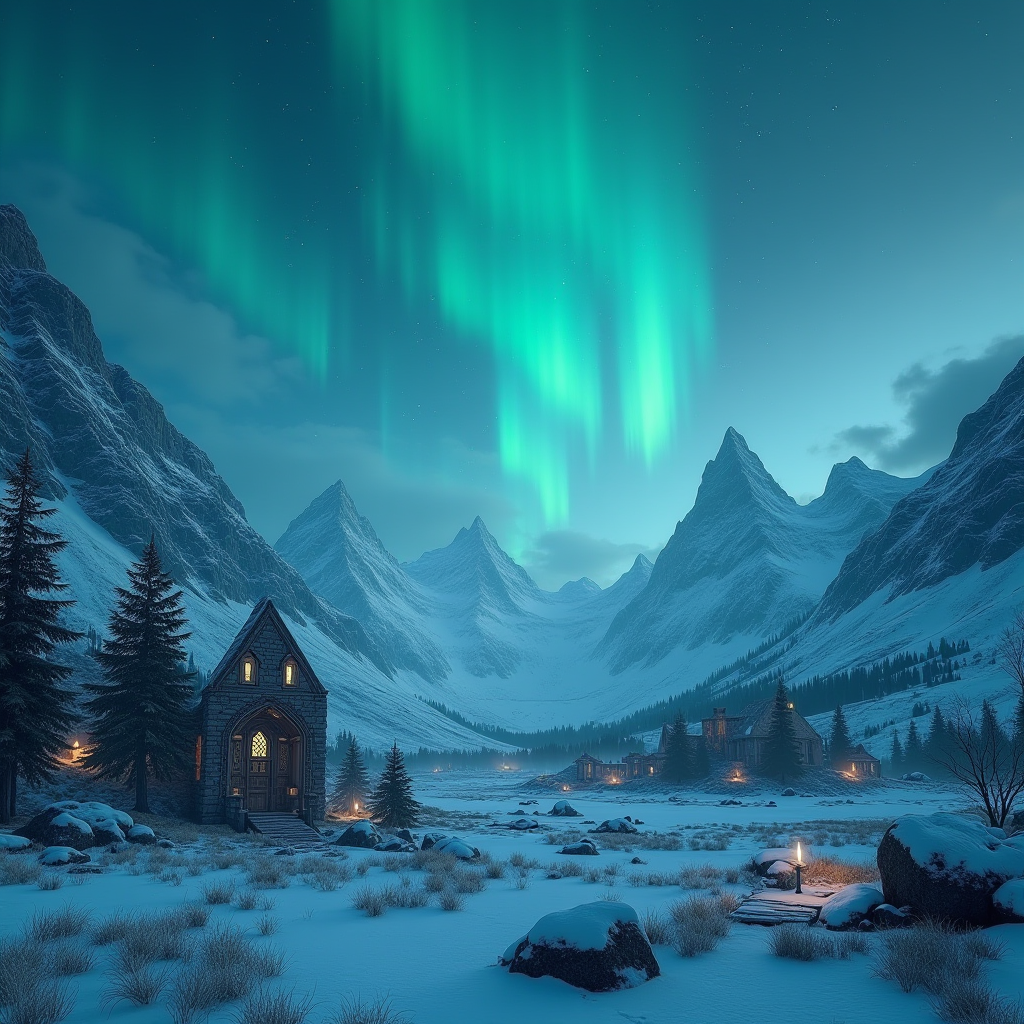 Epic fantasy landscape from Skyrim showing snow-capped mountains, ancient Nordic ruins, and aurora borealis in the night sky, representing the game's enduring visual appeal that inspires modders