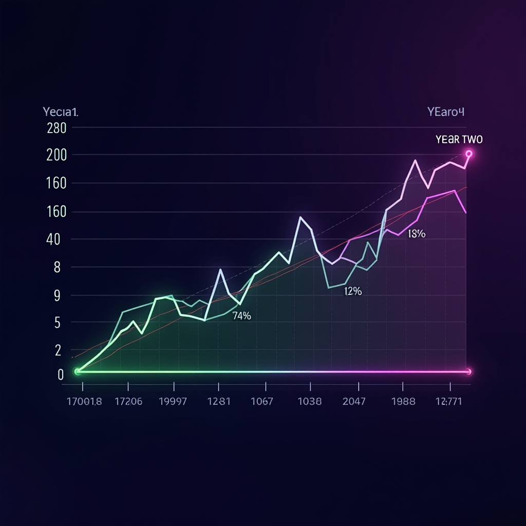 Detailed line graph comparing player retention rates over five years between games with active modding communities versus games without mod support, showing dramatic divergence after year two with modded games maintaining 73% higher retention, displayed on a dark purple background with neon green data lines and statistical annotations