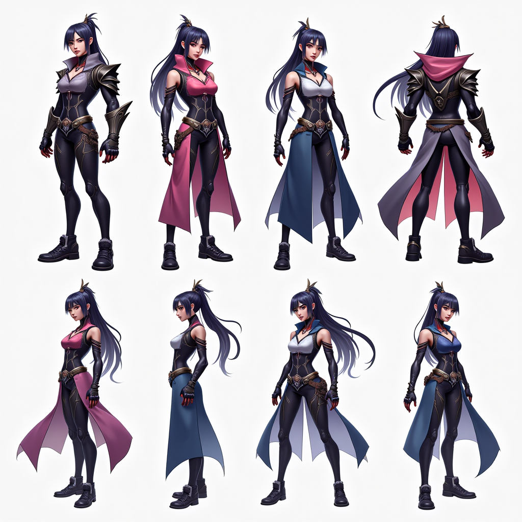 Professional concept art sheet showing a League of Legends style character with multiple poses, costume details, and color variations in cyberpunk aesthetic with traditional Asian design elements