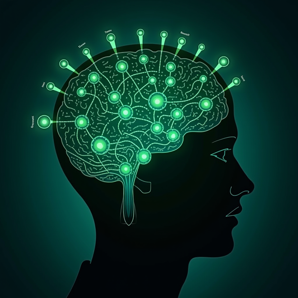 Artistic representation of a game character's mind map showing layers of personality, trauma, relationships, and growth, with interconnected nodes glowing in neon green against a deep teal background, symbolizing the depth fan fiction writers explore