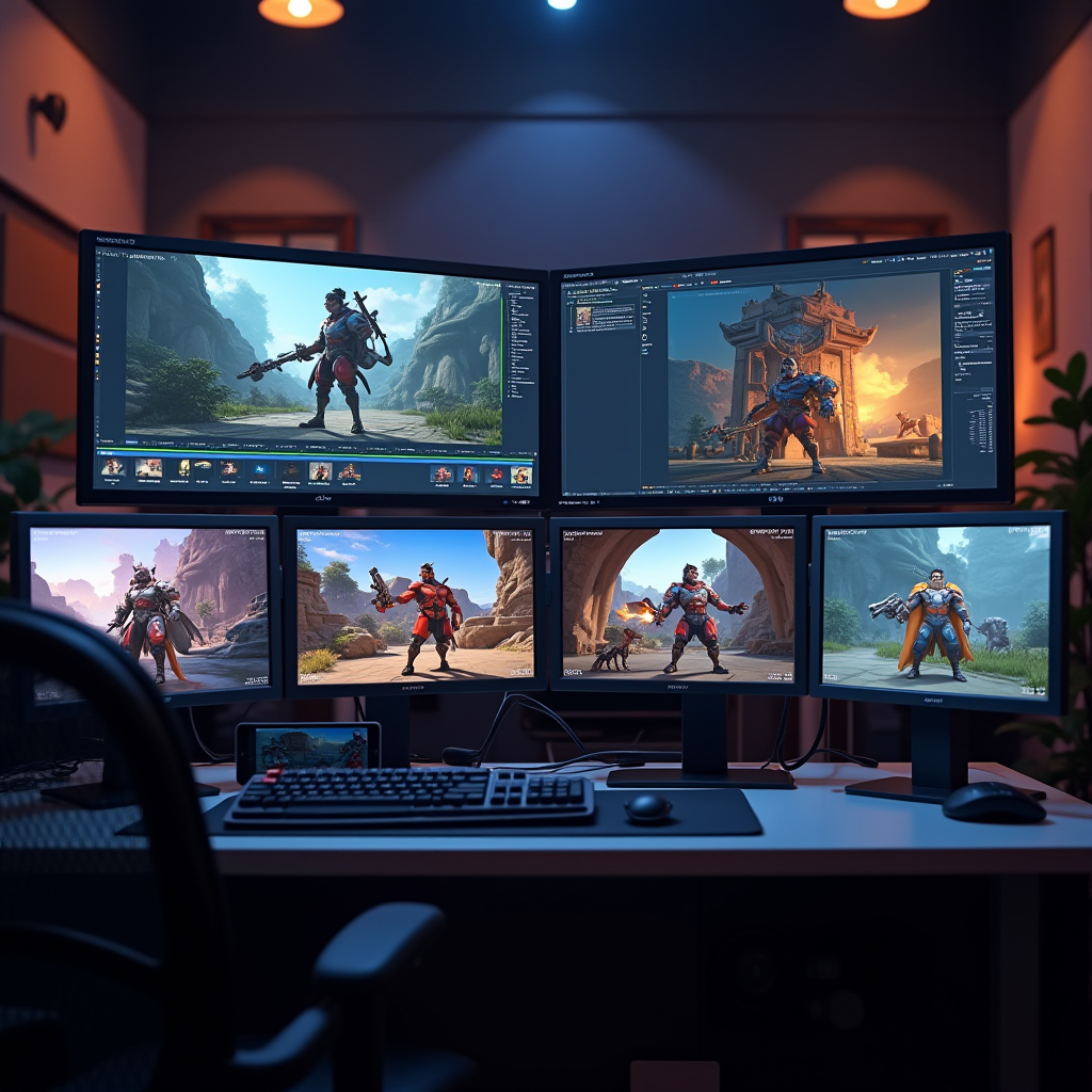 Professional animation workspace with multiple monitors showing character animation timelines, 3D models, and reference footage from Overwatch gameplay