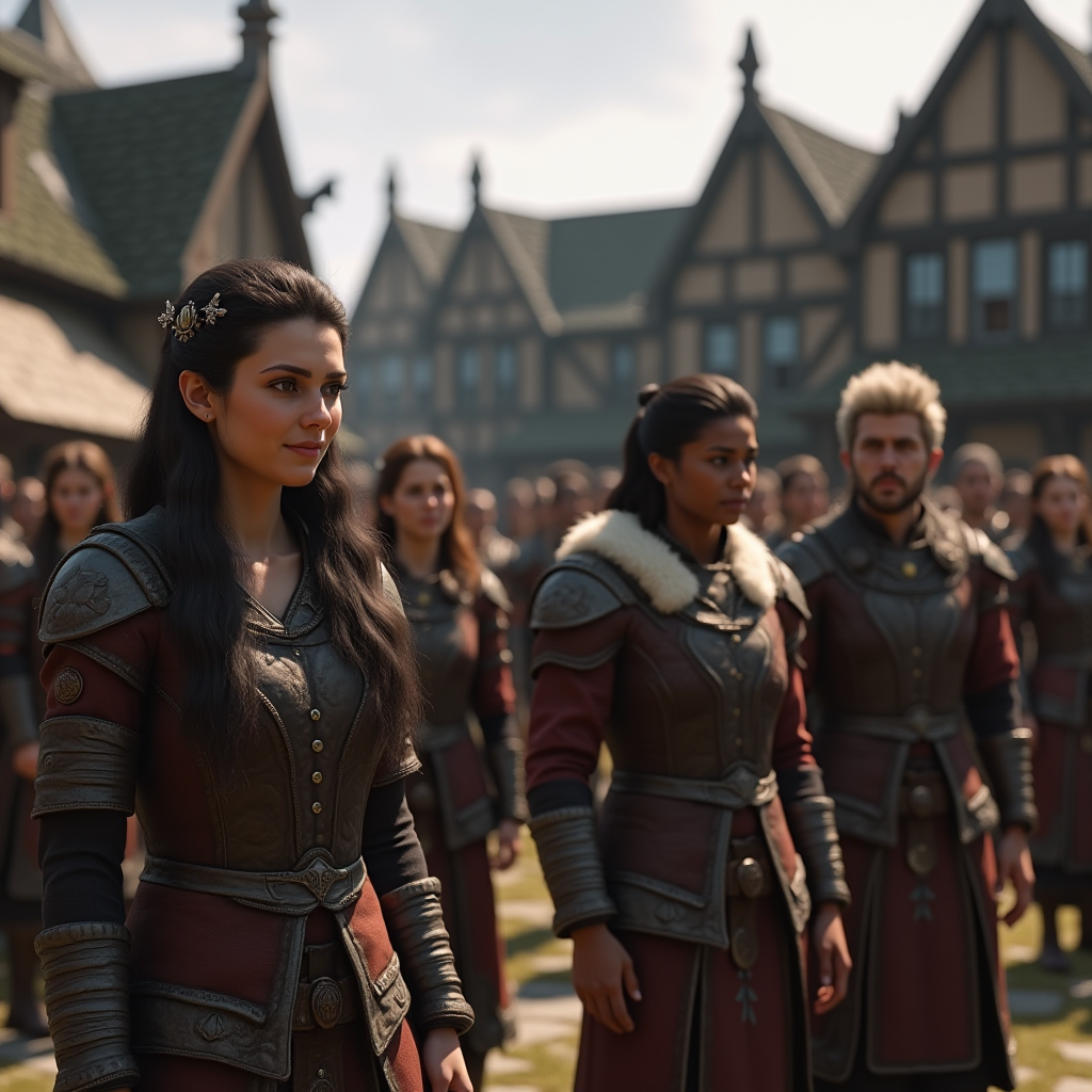 A screenshot from Skyrim showing a diverse group of non-player characters in a town square, featuring people of various ethnicities, ages, and body types, all rendered with detailed textures and clothing that reflects different cultural influences, demonstrating the visual impact of the inclusivity mod