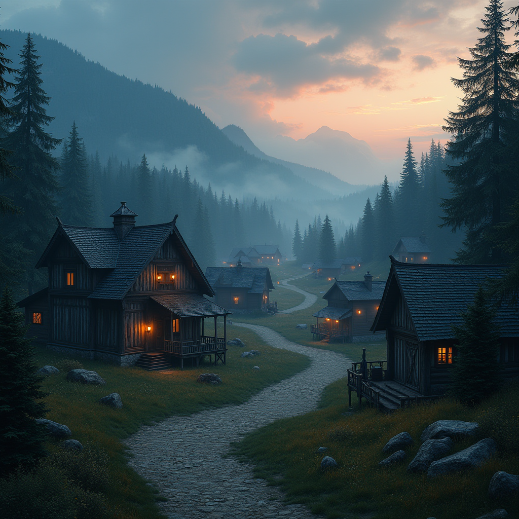 Detailed fantasy landscape painting showing a medieval Slavic village at dusk with wooden buildings, misty forests, and atmospheric lighting in The Witcher style