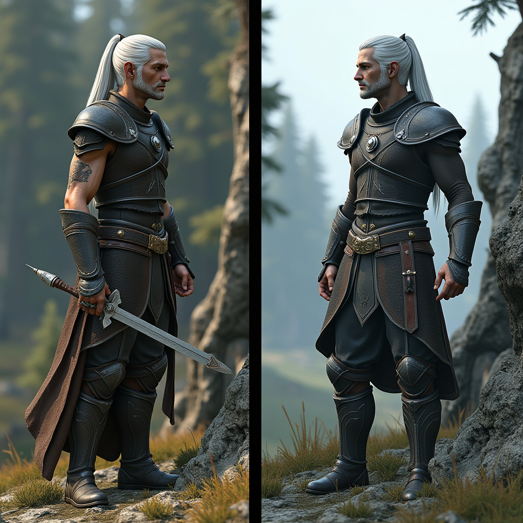 Side-by-side comparison showing vanilla Skyrim graphics from 2011 versus heavily modded 2025 version with photorealistic textures, advanced lighting, and enhanced environmental details, demonstrating technical evolution