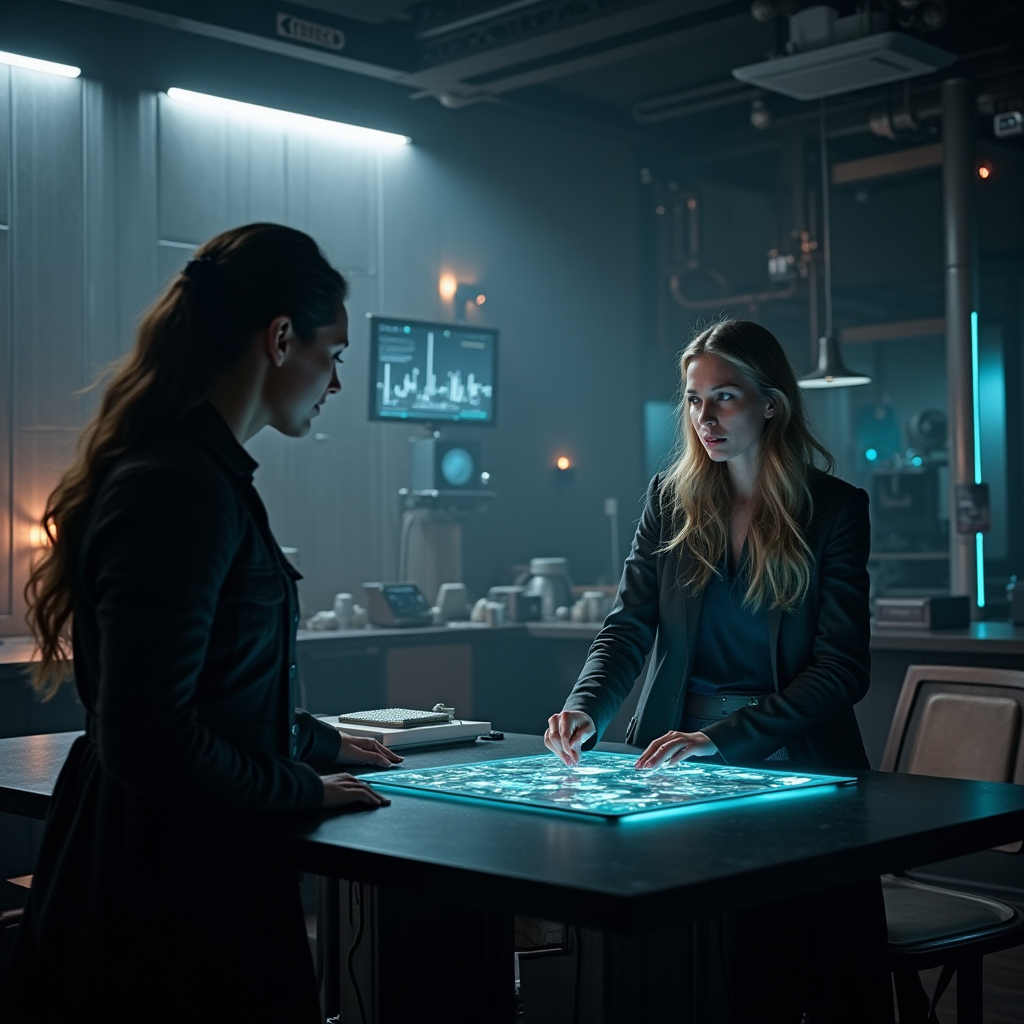 Professional storyboard panels showing sci-fi characters in dramatic scenes with lighting effects, depicting a narrative sequence in Destiny's visual style