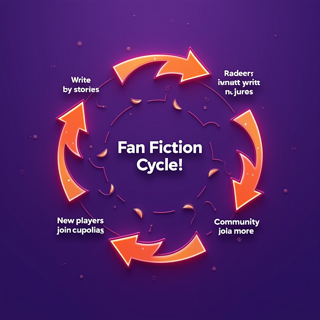 Circular diagram showing how fan fiction creates engagement cycles: players write stories, readers become players, new players join community, community creates more content, displayed with vibrant orange accents on purple background