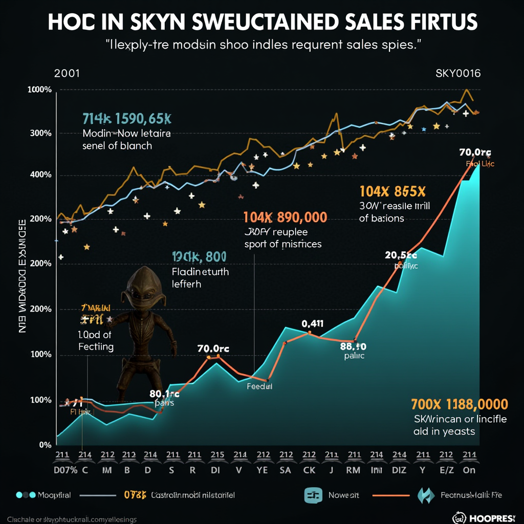 Infographic showing Skyrim's sustained sales figures from 2011 to 2025 with annotations highlighting major mod releases and platform launches, demonstrating correlation between modding milestones and sales spikes