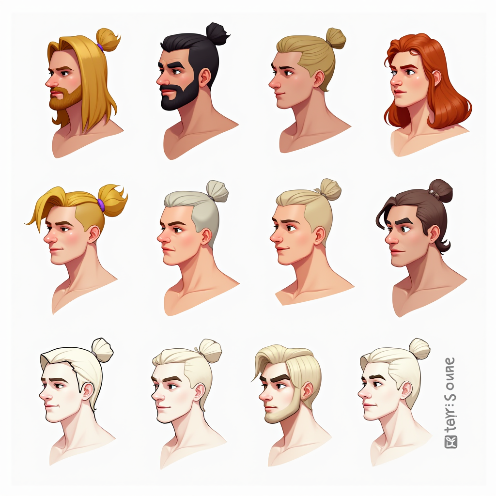 Character design sheet showing multiple indie game style characters with different art styles, from hand-drawn to graphic novel aesthetics, with color palettes and expression studies